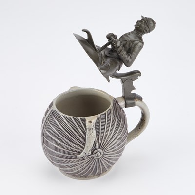Lot 50 - A RARE PEWTER-MOUNTED SALT-GLAZED STONEWARE NOVELTY BEER STEIN