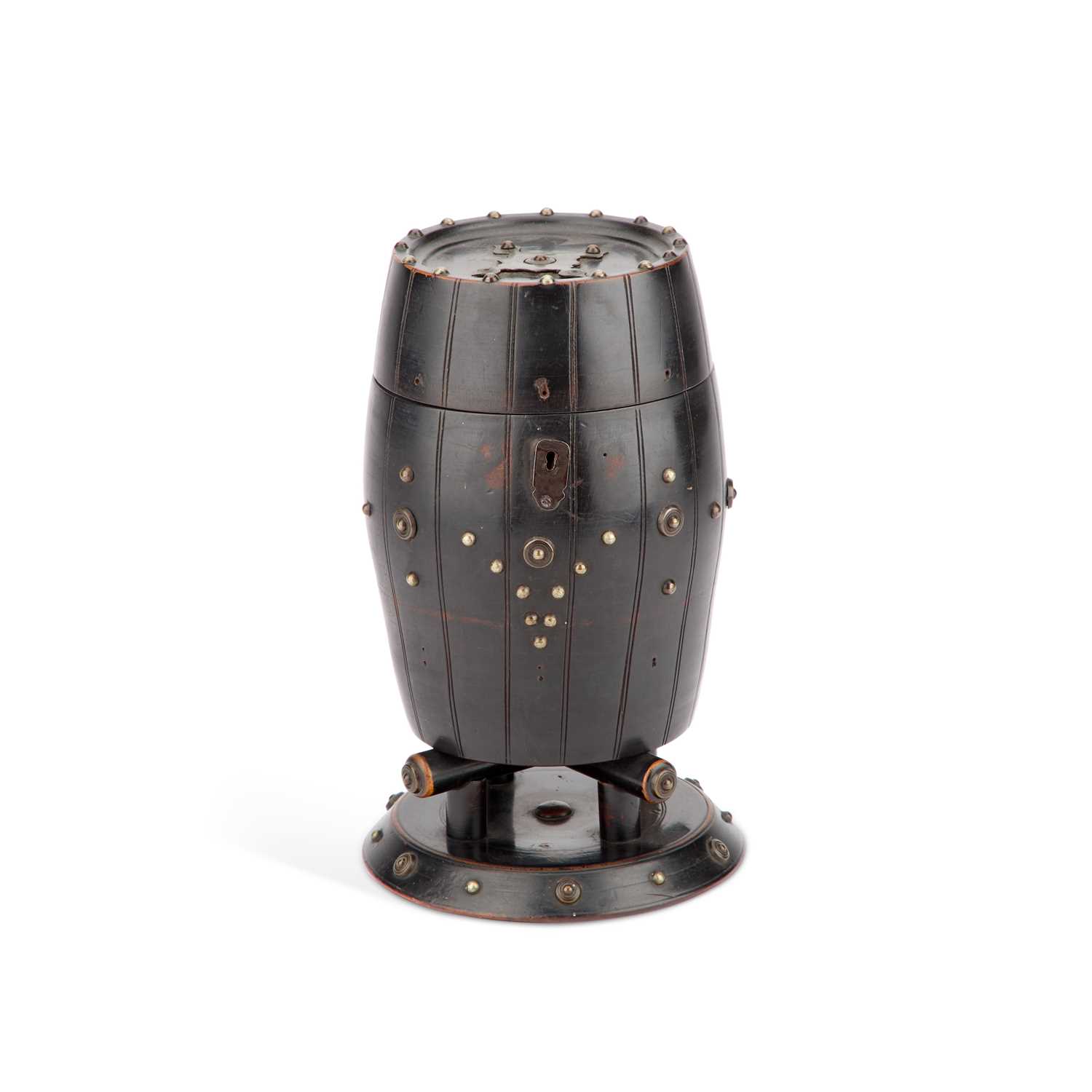 Lot 1349 - A MID-19TH CENTURY TREEN BARREL-FORM TOBACCO BOX