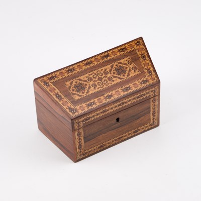 Lot 65 - A VICTORIAN TUNBRIDGE WARE AND ROSEWOOD STATIONERY BOX
