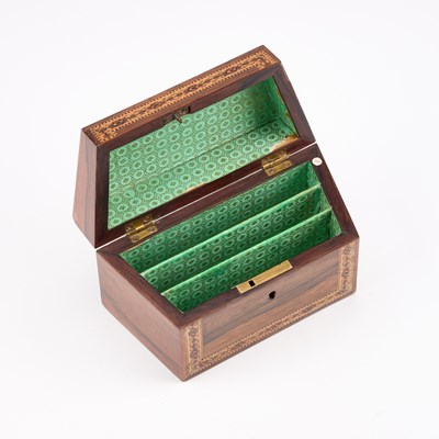 Lot 65 - A VICTORIAN TUNBRIDGE WARE AND ROSEWOOD STATIONERY BOX