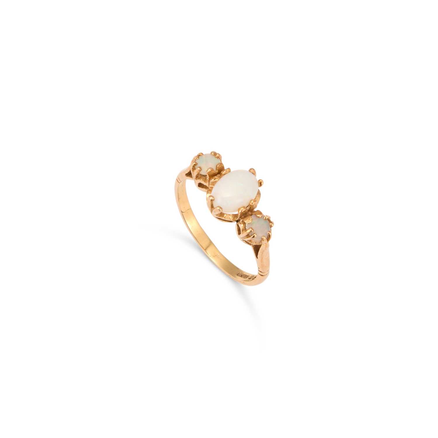 Lot 472 - A 9 CARAT GOLD THREE STONE OPAL RING