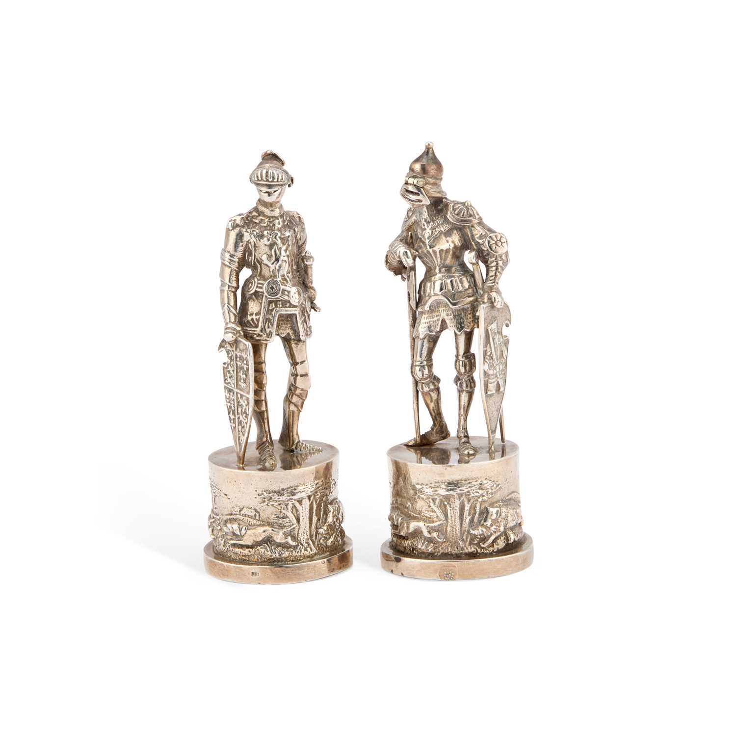 Lot 220 - A PAIR OF GERMAN CAST SILVER FIGURES OF KNIGHTS