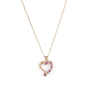 Lot A 9 CARAT GOLD RUBY AND DIAMOND HEART PENDANT ON CHAIN