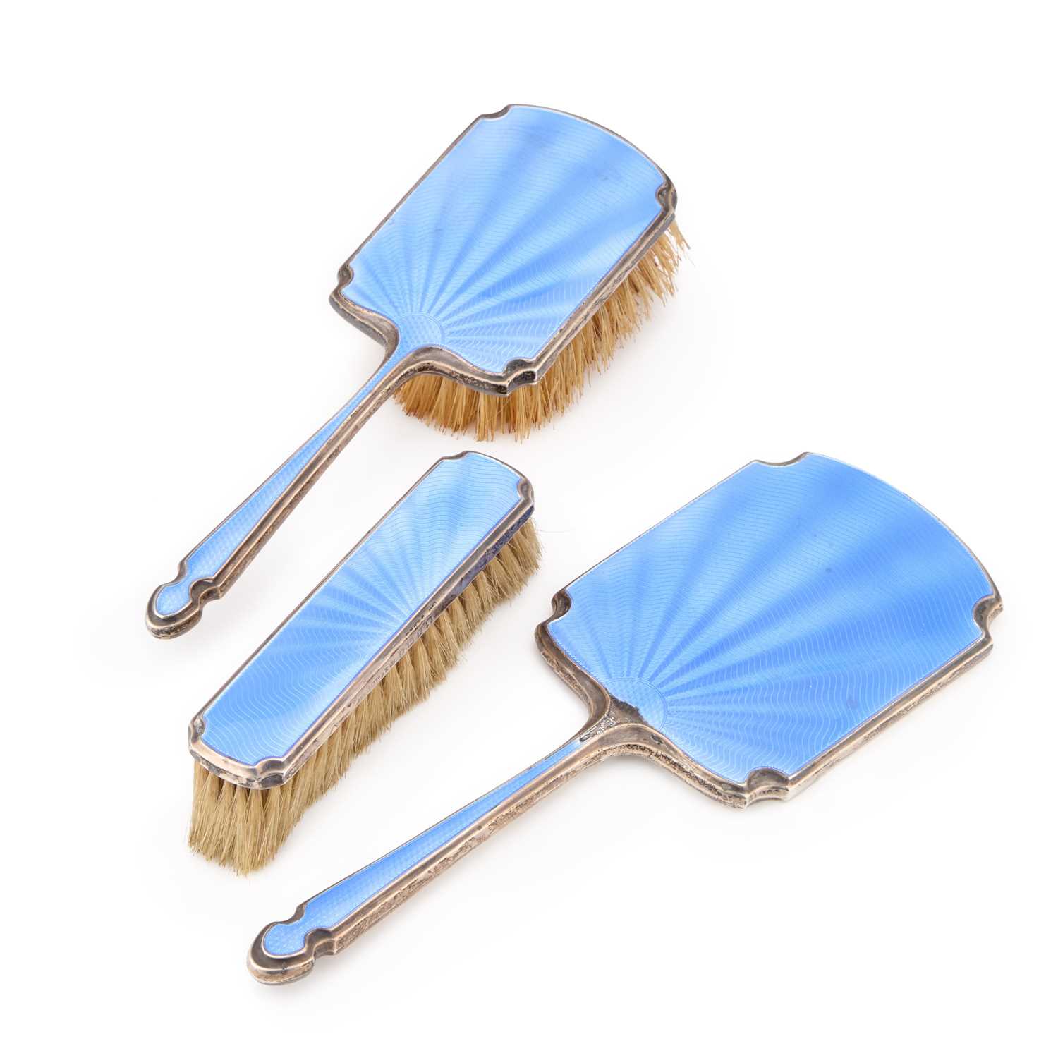 Lot 195 - AN ART DECO SILVER AND ENAMEL THREE-PIECE DRESSING TABLE SET