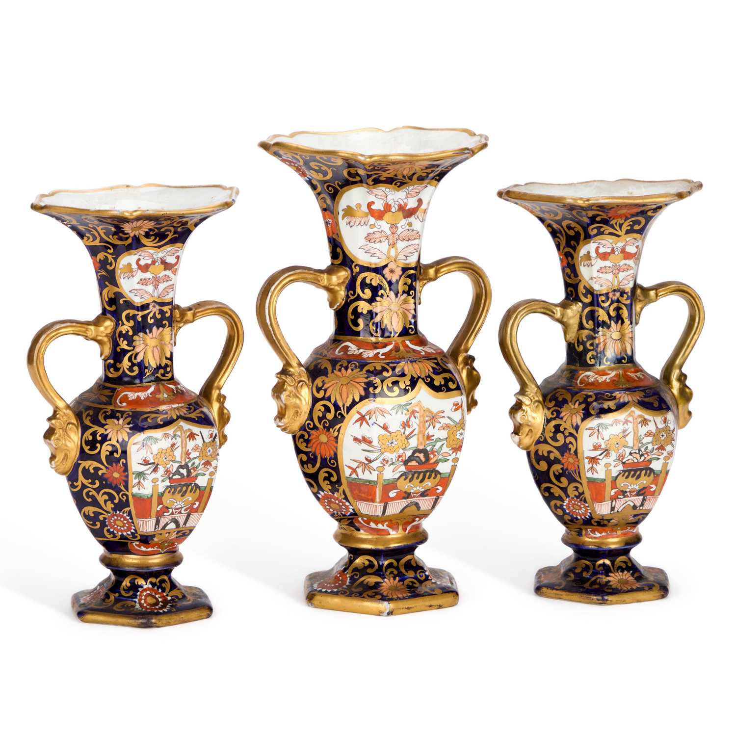 Lot 110 - A GARNITURE OF THREE MASON’S IRONSTONE VASES