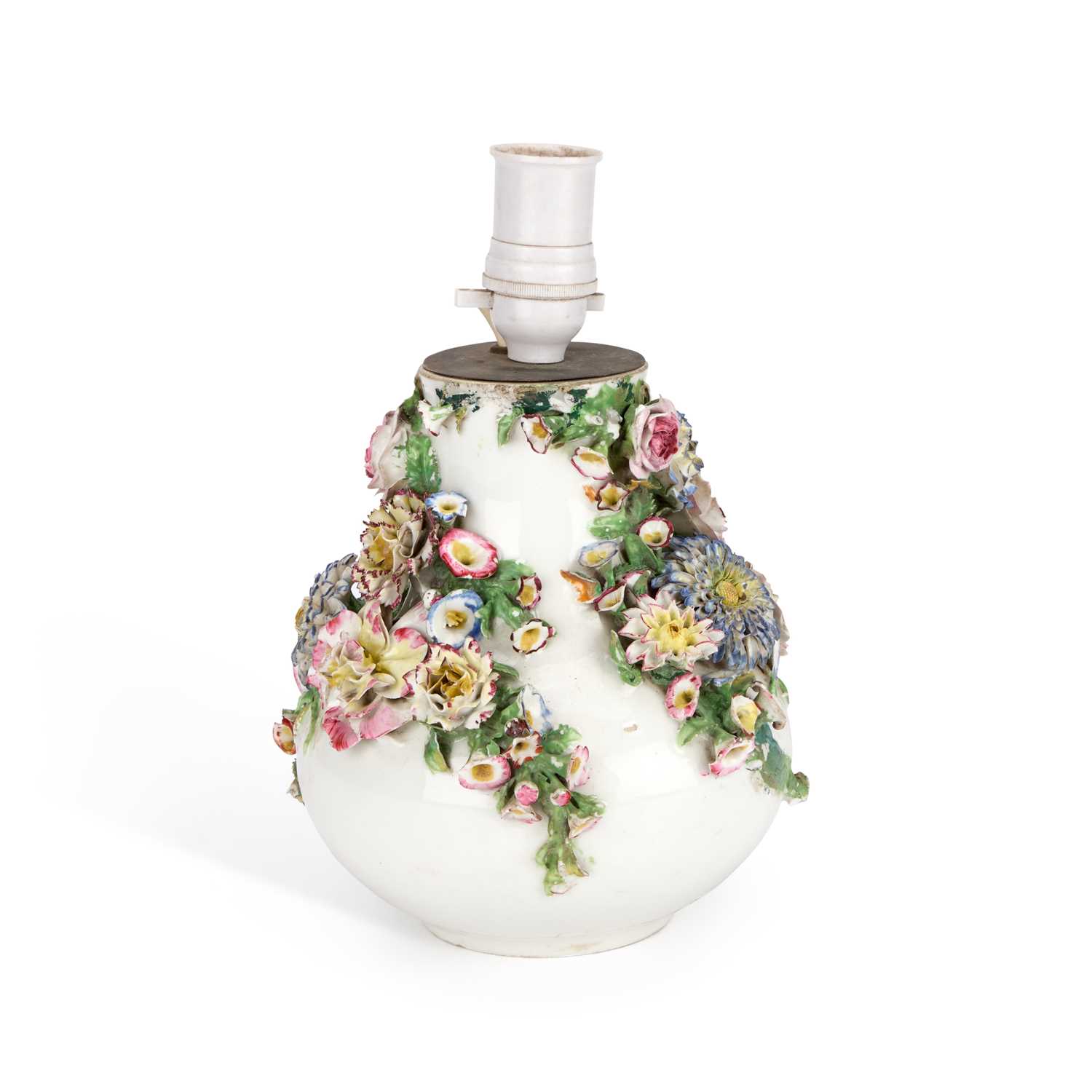 Lot 111 - A JACOB PETIT FLORAL ENCRUSTED PORCELAIN LAMP BASE