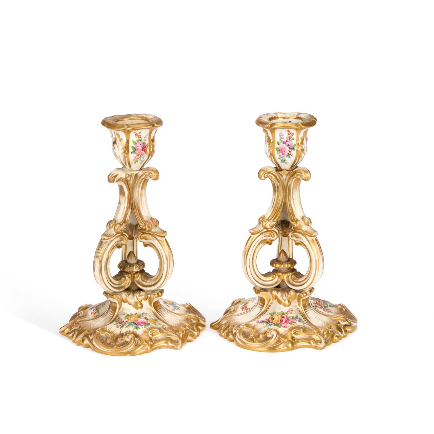 Lot 73 - A PAIR OF ENGLISH PORCELAIN CANDLESTICKS