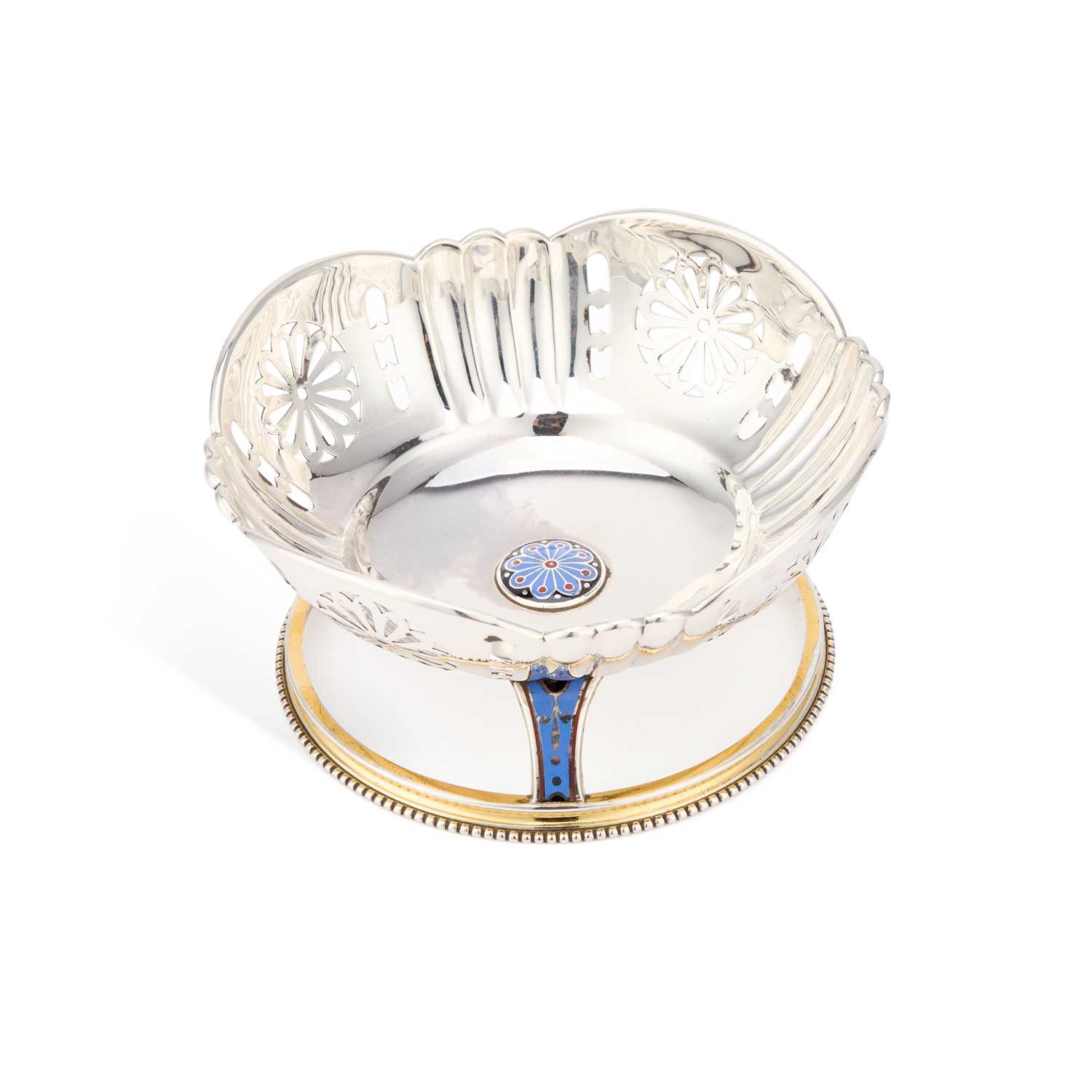 Lot 350 - GEORGE V SILVER AND ENAMEL PIERCED PEDESTAL BOWL