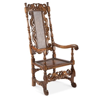 Lot 1062 - A CAROLEAN STYLE CARVED WALNUT HIGH-BACK CHAIR