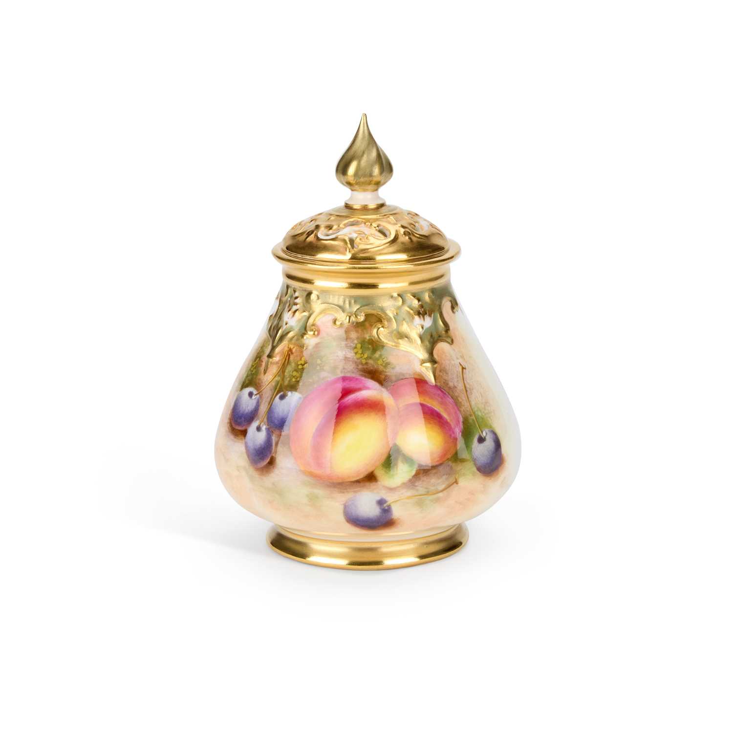 Lot 112 - A ROYAL WORCESTER FRUIT PAINTED POT POURRI VASE AND COVER