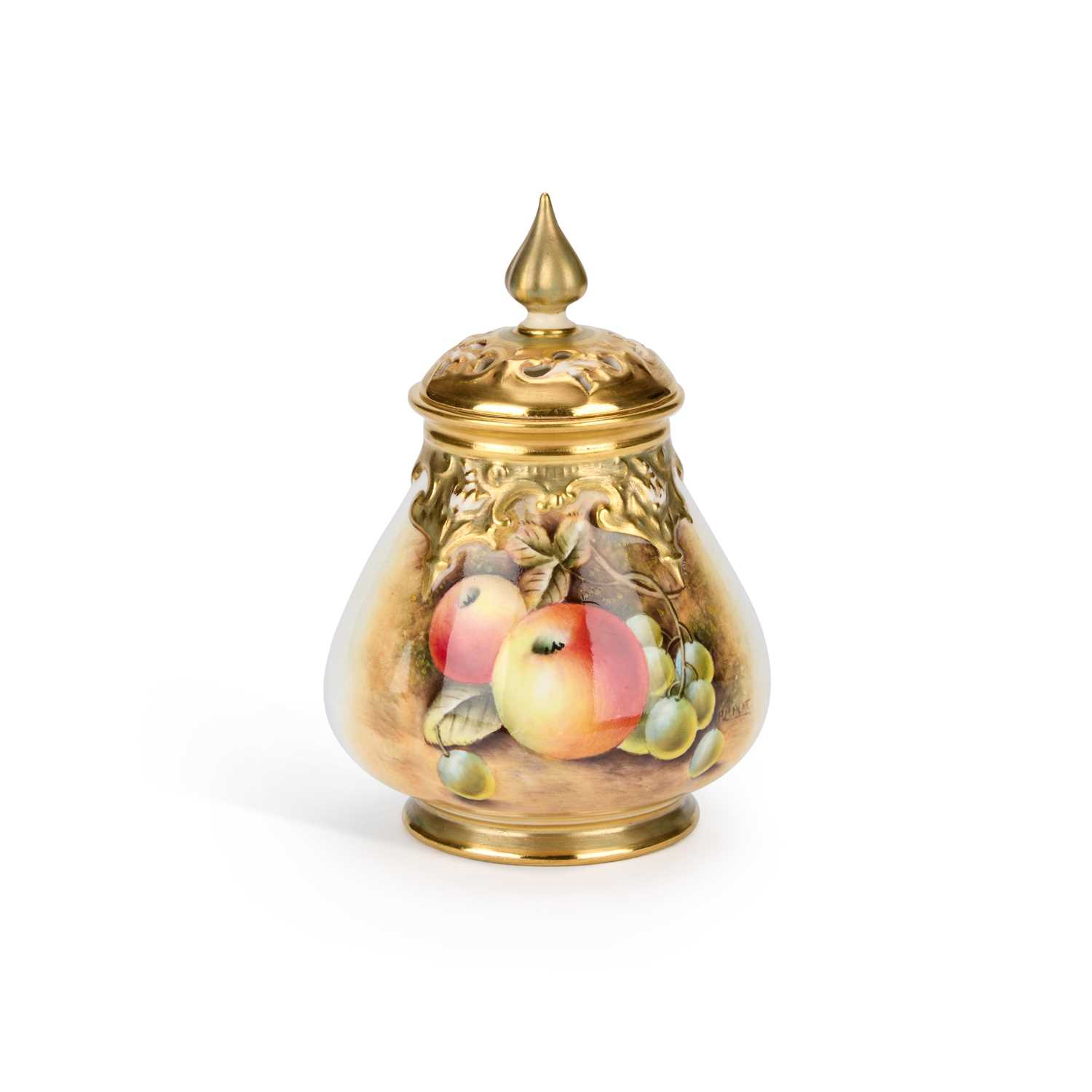 Lot 114 - A ROYAL WORCESTER FRUIT PAINTED POT POURRI VASE AND COVER