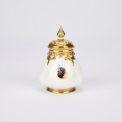 Lot 114 - A ROYAL WORCESTER FRUIT PAINTED POT POURRI VASE AND COVER