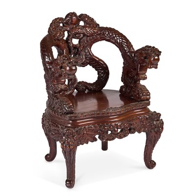 Lot 1043 - A CHINESE CARVED HARDWOOD 'DRAGON' CHAIR