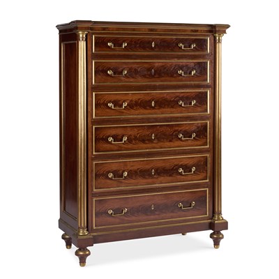 Lot 1037 - AN EMPIRE STYLE BRASS-MOUNTED MAHOGANY CHEST OF DRAWERS