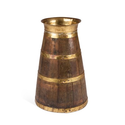 Lot 1067 - A LATE VICTORIAN BRASS-BOUND COOPERED OAK STICKSTAND