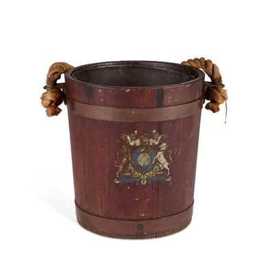 Lot 1016 - A COPPER-BOUND COOPERED TEAK FIRE BUCKET