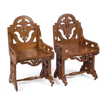 Lot 1052 - A PAIR OF VICTORIAN ECCLESIASTICAL OAK CHAIRS