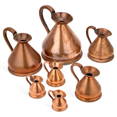 Lot 171 - A GRADUATED SET OF SEVEN COPPER MEASURES/ HARVEST JUGS