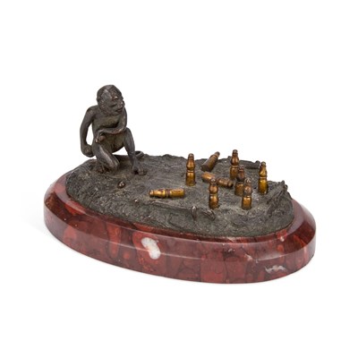 Lot 852 - A BRONZE GROUP OF A MONKEY PLAYING SKITTLES