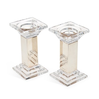 Lot 326 - A PAIR OF ELIZABETH II SILVER-MOUNTED GLASS CANDLESTICKS