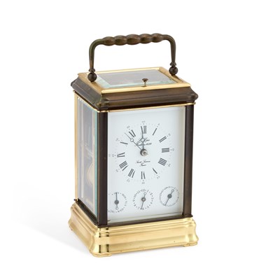 Lot 977 - A 20TH CENTURY FRENCH BRASS CARRIAGE CLOCK WITH ALARM AND CALENDAR