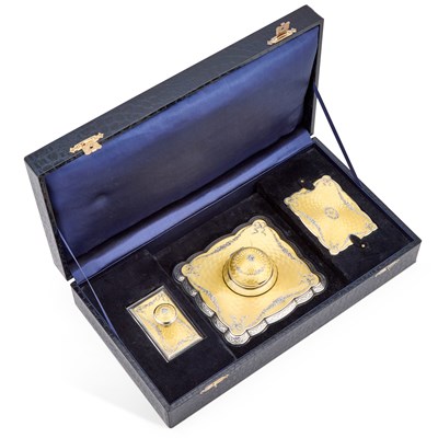 Lot 296 - AN AUSTRIAN SILVER AND ENAMEL DESK SET