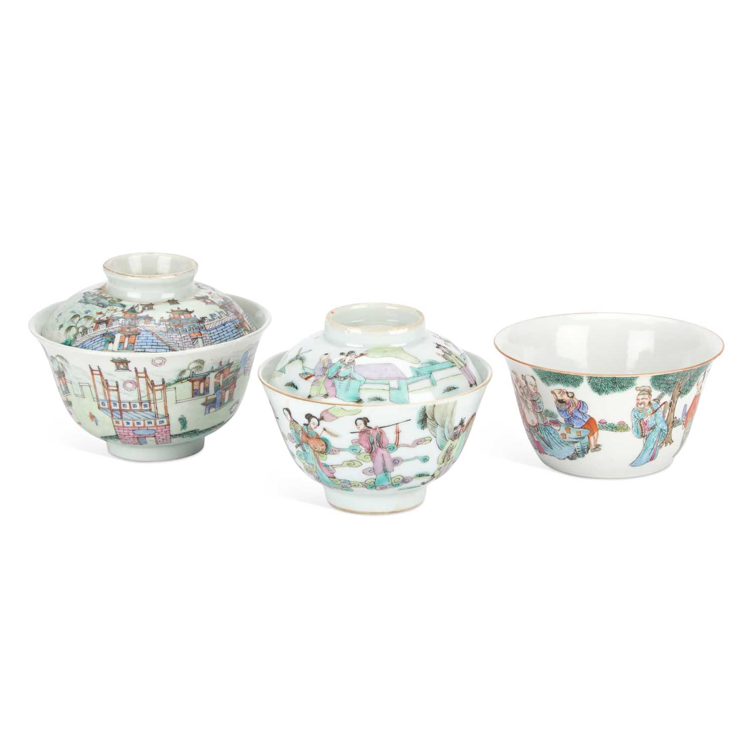 Lot A GROUP OF THREE CHINESE FAMILLE ROSE BOWLS