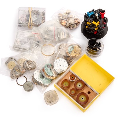 Lot 612 - A GROUP OF ASSORTED WATCH PARTS AND TOOLS