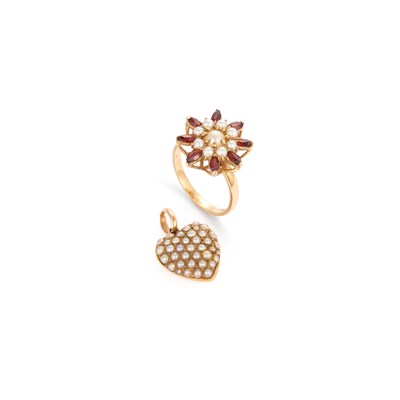 Lot 735A - A SEED PEARL HEART PENDANT AND A GARNET AND CULTURED PEARL CLUTER RING