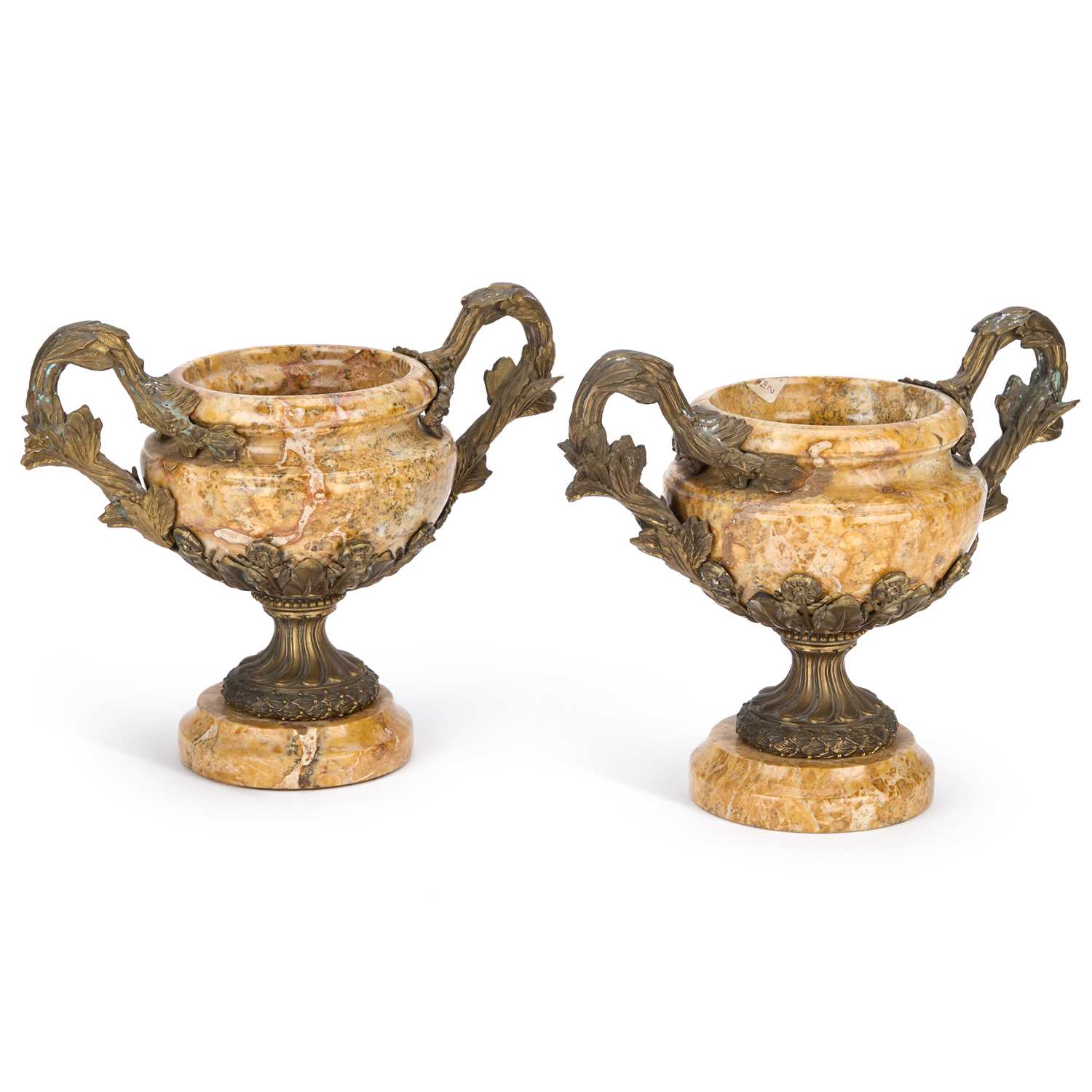 Lot A PAIR OF FRENCH BRONZE AND MARBLE TWO-HANDLED URNS