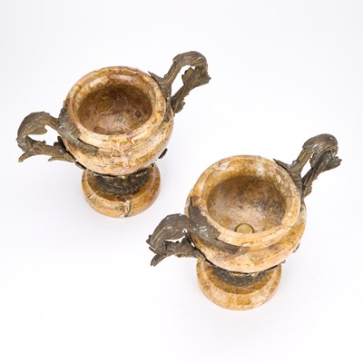 Lot A PAIR OF FRENCH BRONZE AND MARBLE TWO-HANDLED URNS