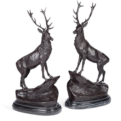 Lot 853 - A LARGE PAIR OF BRONZE STAG MODELS