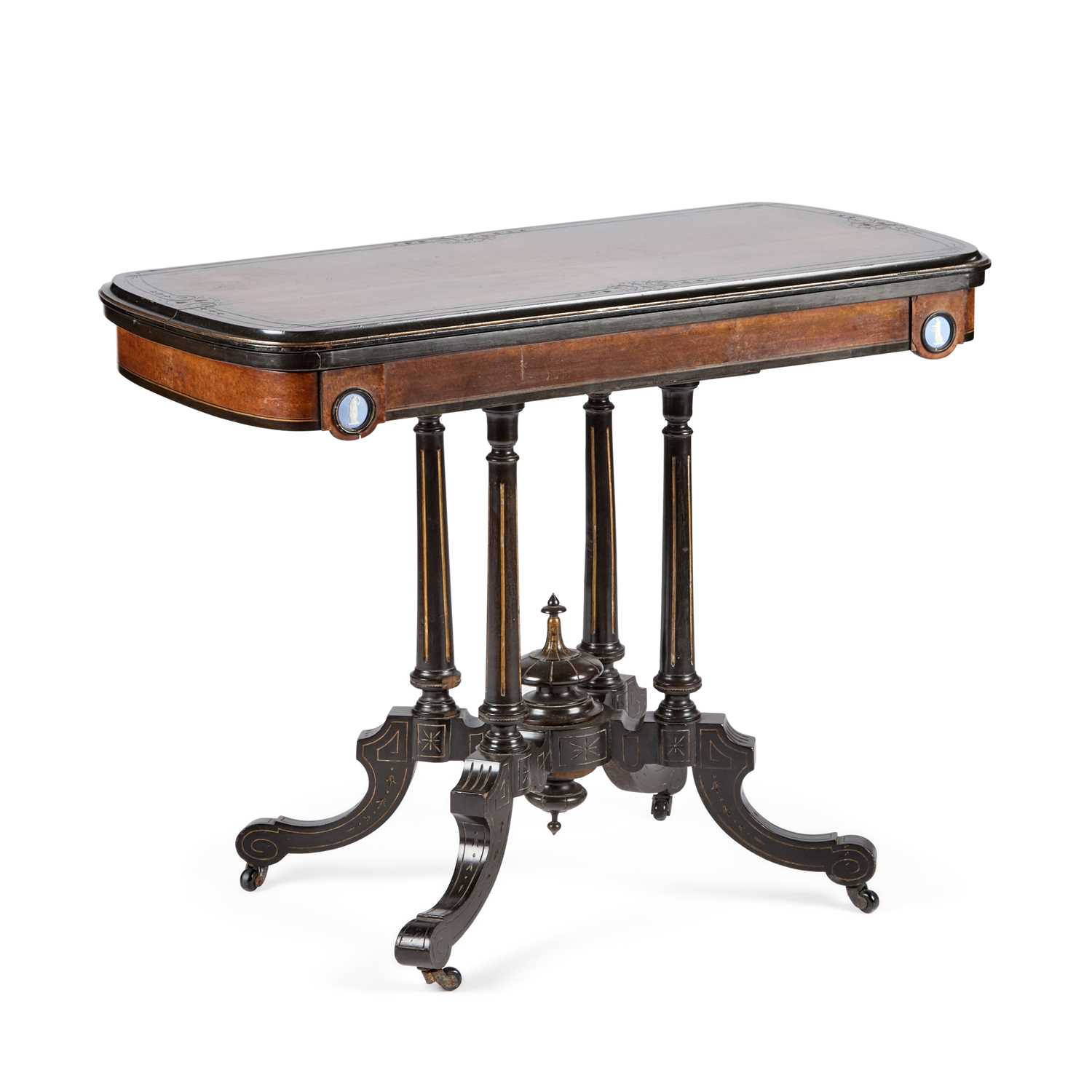 Lot A VICTORIAN EBONISED AND BURR WALNUT FOLDOVER CARD TABLE