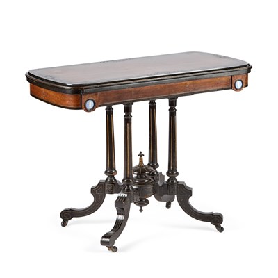Lot 1046 - A VICTORIAN EBONISED AND BURR WALNUT FOLDOVER CARD TABLE