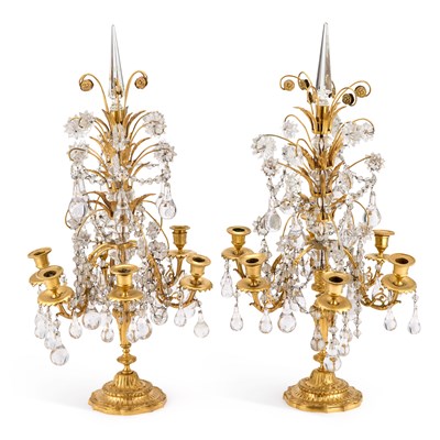Lot 167 - A PAIR OF FRENCH ORMOLU AND CUT GLASS CANDELABRA