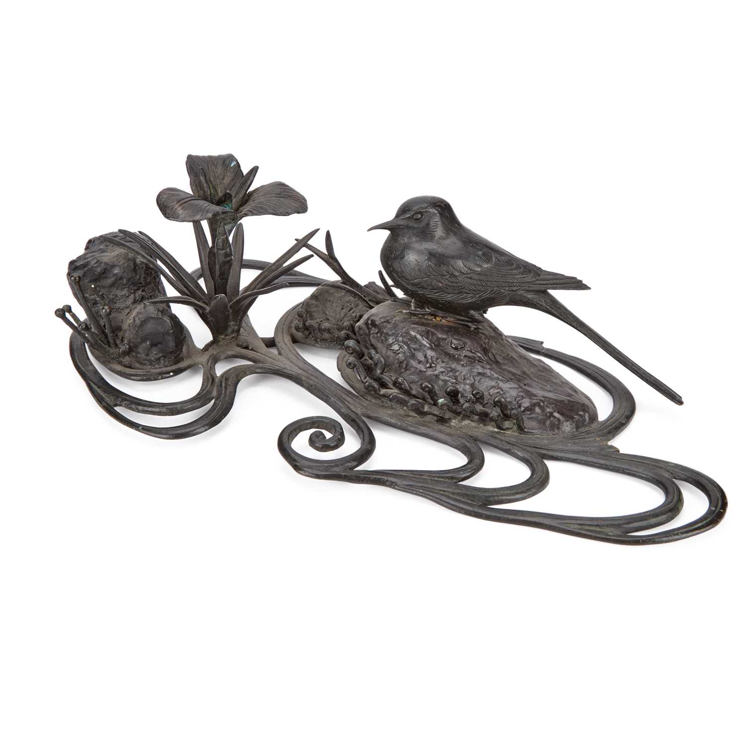 Lot A JAPANESE BRONZE OKIMONO OF A BIRD AND IRIS