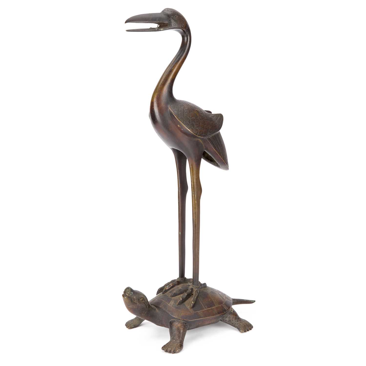 Lot A JAPANESE BRONZE CRANE ON A TURTLE, 19TH CENTURY