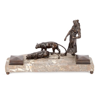 Lot 851 - A FRENCH PATINATED BRONZE AND MARBLE DESK STAND
