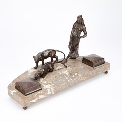 Lot A FRENCH PATINATED BRONZE AND MARBLE DESK STAND