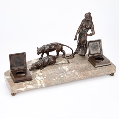 Lot A FRENCH PATINATED BRONZE AND MARBLE DESK STAND