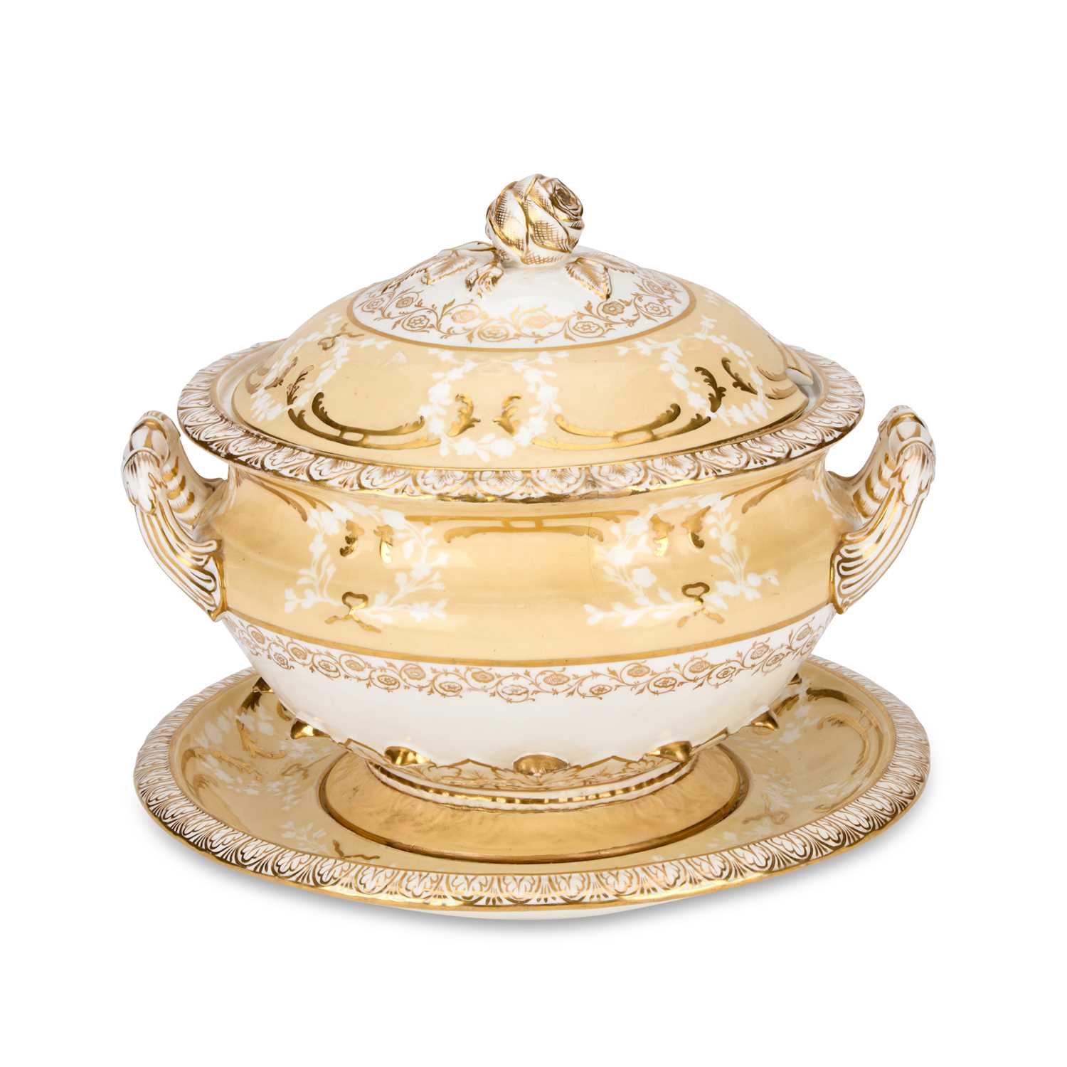 Lot AN ENGLISH PORCELAIN TUREEN, COVER AND STAND, C.1830