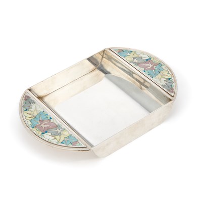 Lot 323 - AN ELIZABETH II SILVER AND ENAMEL TRAY