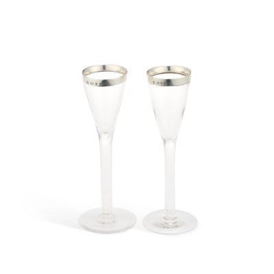 Lot 435 - A PAIR OF VICTORIAN SILVER-MOUNTED LIQUEUR GLASSES