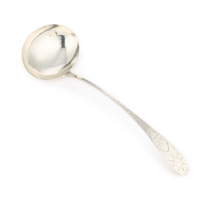 Lot 312 - A GEORGE III IRISH PROVINCIAL SILVER BRIGHT-CUT CELTIC-POINT PATTERN SOUP LADLE