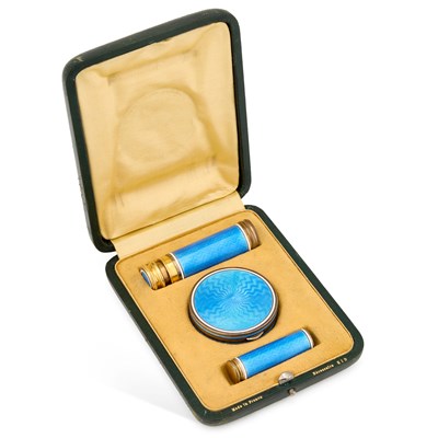Lot 308 - A THREE PIECE FRENCH SILVER-GILT AND ENAMEL VANITY SET