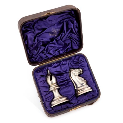 Lot 454 - A NOVELTY VICTORIAN SILVER CHESS SALT AND PEPPER SET