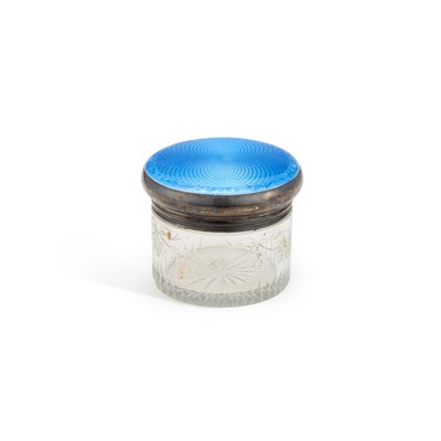 Lot 392 - A GEORGE V SILVER AND ENAMEL DRESSING TABLE JAR