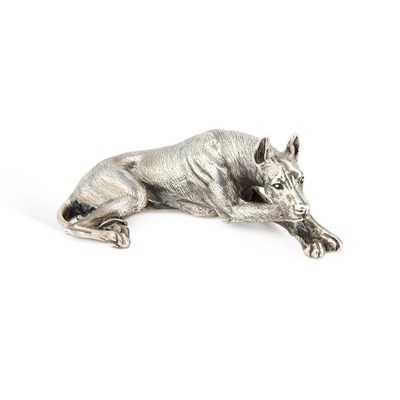 Lot 324 - AN ELIZABETH II SILVER MODEL OF A RECUMBENT GREAT DANE