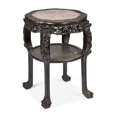 Lot 1064 - A CHINESE MARBLE-INSET CARVED HARDWOOD CENTRE TABLE