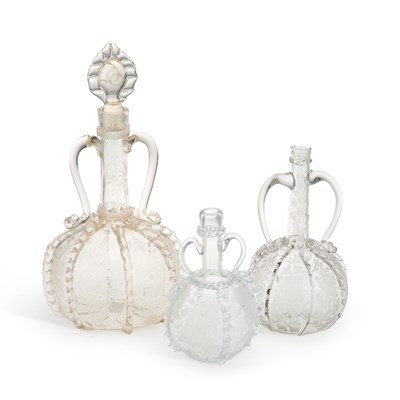 Lot 74 - THREE DUTCH ENGRAVED GLASS DECANTERS